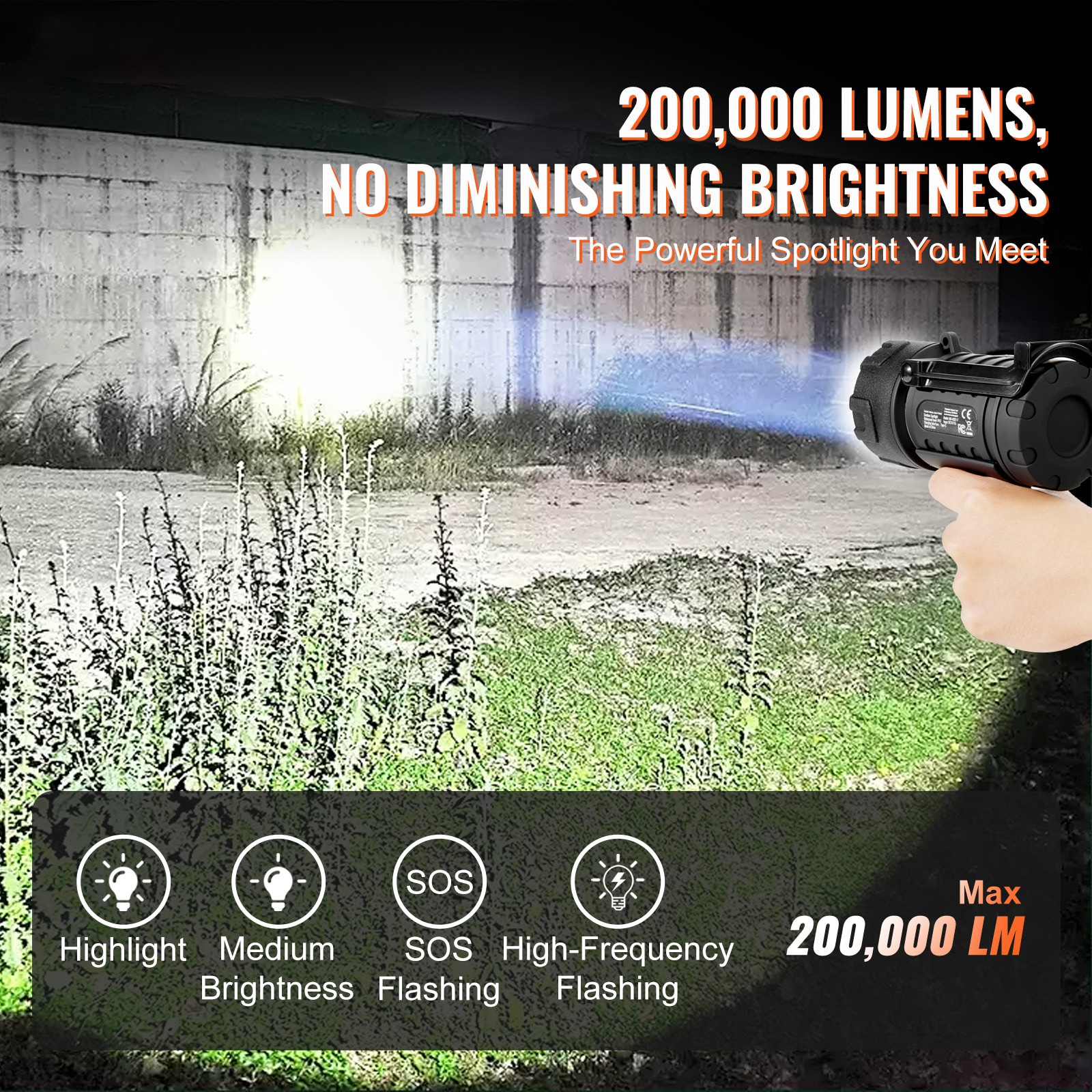 USB Super Bright Rechargeable Spotlight Flashlight 200,000LM Searchlight_voghion.com